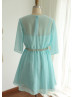 Blue Chiffon Elbow Sleeves Beads Sash Short Mother Dress